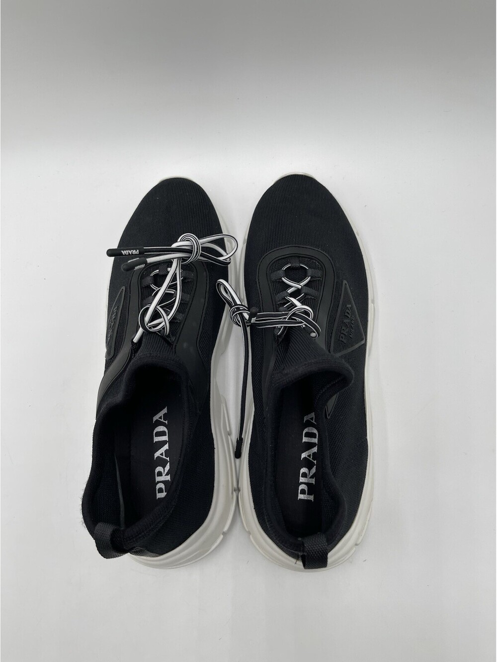 Women’s Prada Knit Lace Up Black Trainer Sneakers Shoes Black White Size 38.5 - Picture 5 of 6